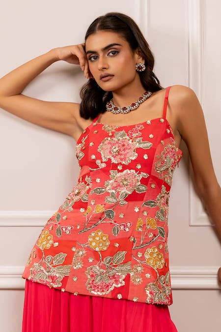 Shop_Paulmi And Harsh_Pink Georgette Embroidery Round Neck Floral Printed Kurta Palazzo Set _Online_at_Aza_Fashions