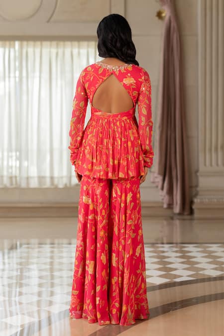 Paulmi And Harsh Floral Print Peplum Tunic & Sharara Set 