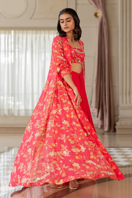 Buy_Paulmi And Harsh_Pink Georgette Beads, Embroidery Round Neck, Open Floral Print Jacket Skirt Set _Online_at_Aza_Fashions