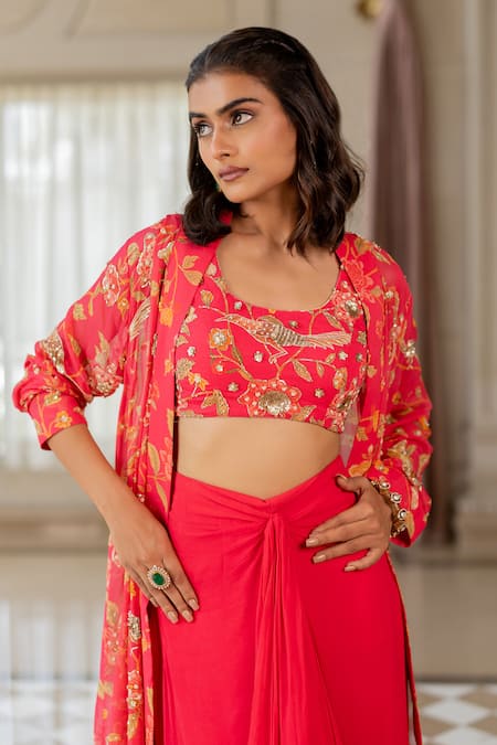 Shop_Paulmi And Harsh_Pink Georgette Beads, Embroidery Round Neck, Open Floral Print Jacket Skirt Set _Online_at_Aza_Fashions