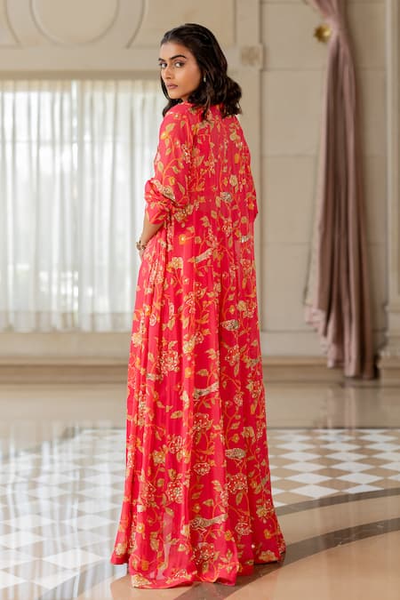 Paulmi And Harsh_Pink Georgette Beads, Embroidery Round Neck, Open Floral Print Jacket Skirt Set _at_Aza_Fashions