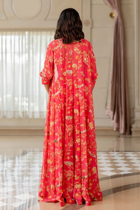 Paulmi And Harsh Floral Print Georgette Jacket Skirt Set 