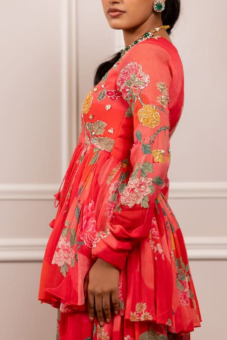 Paulmi And Harsh_Pink Georgette Tassels V-neck Floral Printed Peplum Tunic And Palazzo Set _Online_at_Aza_Fashions