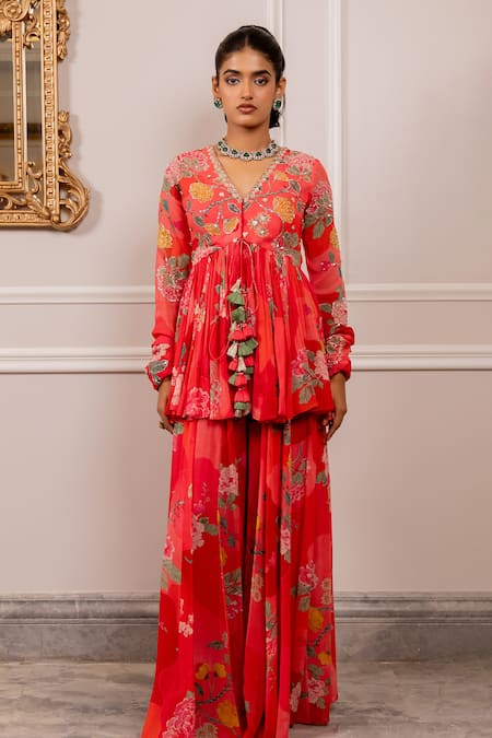 Buy_Paulmi And Harsh_Pink Georgette Tassels V-neck Floral Printed Peplum Tunic And Palazzo Set _Online_at_Aza_Fashions