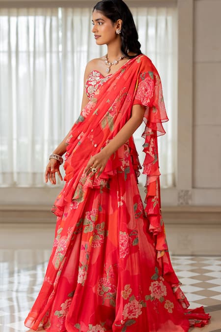 Paulmi And Harsh_Pink Georgette, Silk Sequins, Floral Print Pre-draped Saree With Blouse _Online_at_Aza_Fashions