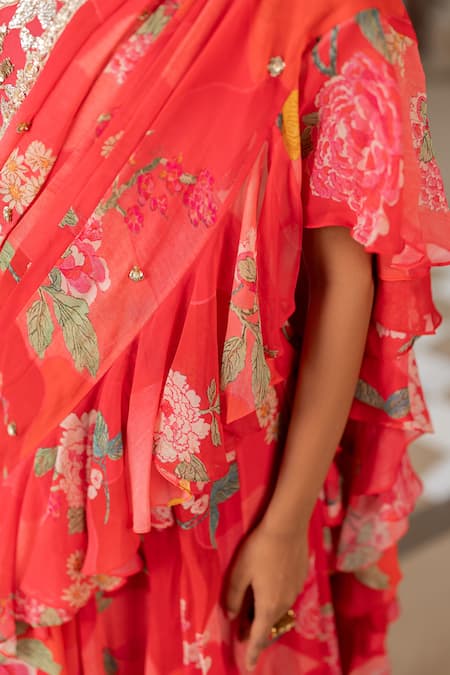 Buy_Paulmi And Harsh_Pink Georgette, Silk Sequins, Floral Print Pre-draped Saree With Blouse _Online_at_Aza_Fashions