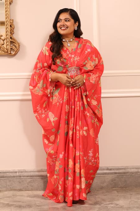 Paulmi And Harsh_Pink Round Neck Floral Print Kaftan  _Online_at_Aza_Fashions