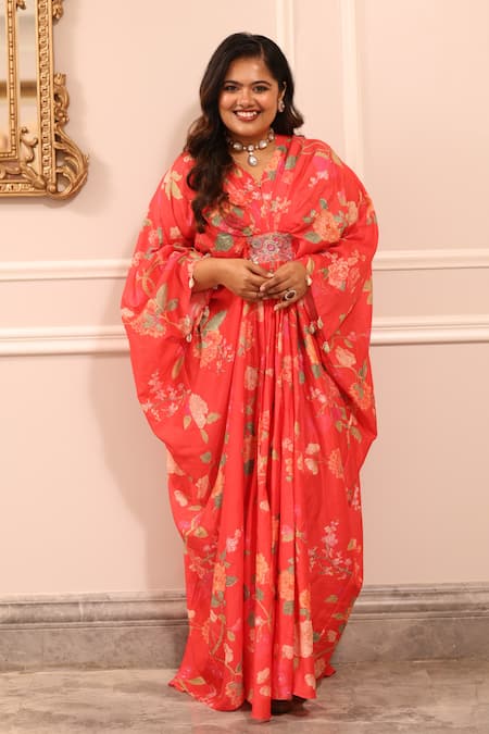 Buy_Paulmi And Harsh_Pink Round Neck Floral Print Kaftan  _Online_at_Aza_Fashions