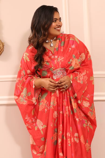 Shop_Paulmi And Harsh_Pink Round Neck Floral Print Kaftan  _Online_at_Aza_Fashions