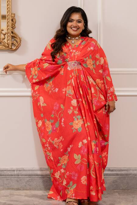 Paulmi And Harsh_Pink Round Neck Floral Print Kaftan  _at_Aza_Fashions