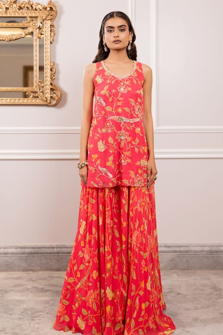 Paulmi And Harsh_Pink Georgette Round Neck Floral Printed Kurta And Sharara Set _Online_at_Aza_Fashions
