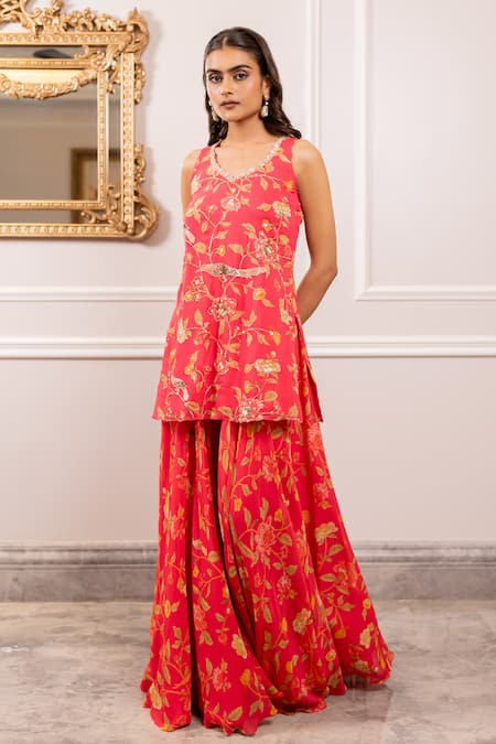 Buy_Paulmi And Harsh_Pink Georgette Round Neck Floral Printed Kurta And Sharara Set _Online_at_Aza_Fashions
