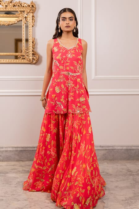 Shop_Paulmi And Harsh_Pink Georgette Round Neck Floral Printed Kurta And Sharara Set _Online_at_Aza_Fashions