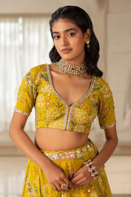 Paulmi And Harsh_Yellow Organza Tassels, Sequins, Embroidery Floral Print Gokul Lehenga Set _Online_at_Aza_Fashions