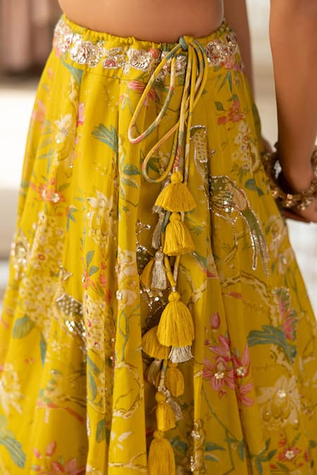 Shop_Paulmi And Harsh_Yellow Organza Tassels, Sequins, Embroidery Floral Print Gokul Lehenga Set _Online_at_Aza_Fashions