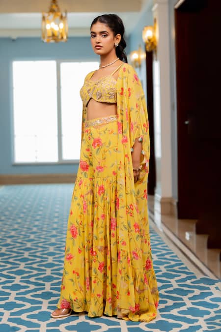 Paulmi And Harsh Yellow Georgette Beads, Sequins Open Neck, Floral Printed Jacket Sharara Set Online at Aza Fashions Paulmi And Harsh_Yellow Georgette Beads, Sequins Open Neck, Floral Printed Jacket Sharara Set _Online_at_Aza_Fashions