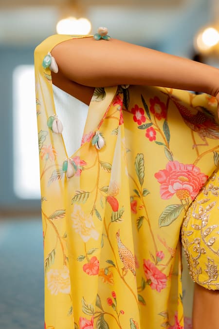 Buy Paulmi And Harsh Yellow Georgette Beads, Sequins Open Neck, Floral Printed Jacket Sharara Set Online at Aza Fashions Buy_Paulmi And Harsh_Yellow Georgette Beads, Sequins Open Neck, Floral Printed Jacket Sharara Set _Online_at_Aza_Fashions