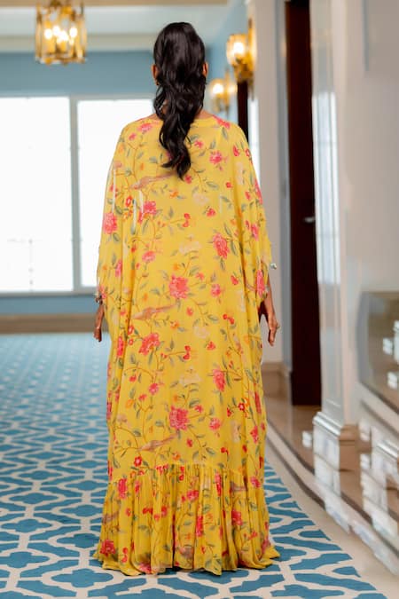 Shop Paulmi And Harsh Yellow Georgette Beads, Sequins Open Neck, Floral Printed Jacket Sharara Set at Aza Fashions Shop_Paulmi And Harsh_Yellow Georgette Beads, Sequins Open Neck, Floral Printed Jacket Sharara Set _at_Aza_Fashions