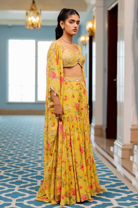 Shop Paulmi And Harsh Yellow Georgette Beads, Sequins Open Neck, Floral Printed Jacket Sharara Set Online at Aza Fashions Shop_Paulmi And Harsh_Yellow Georgette Beads, Sequins Open Neck, Floral Printed Jacket Sharara Set _Online_at_Aza_Fashions