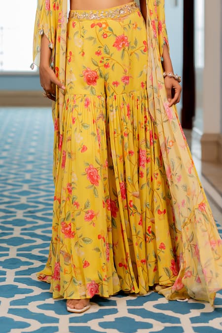 Paulmi And Harsh Yellow Georgette Beads, Sequins Open Neck, Floral Printed Jacket Sharara Set at Aza Fashions Paulmi And Harsh_Yellow Georgette Beads, Sequins Open Neck, Floral Printed Jacket Sharara Set _at_Aza_Fashions