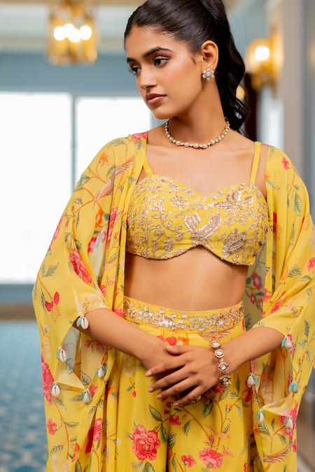 Buy Paulmi And Harsh Yellow Georgette Beads, Sequins Open Neck, Floral Printed Jacket Sharara Set Buy_Paulmi And Harsh_Yellow Georgette Beads, Sequins Open Neck, Floral Printed Jacket Sharara Set