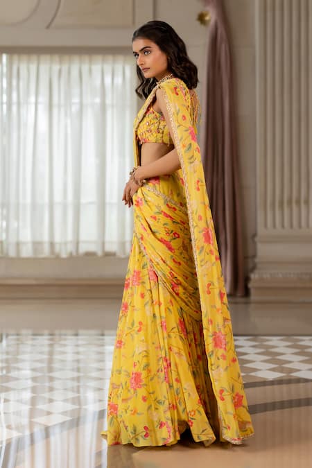 Paulmi And Harsh_Yellow Georgette Lace Round Neck Floral Print Pre-draped Saree Set _Online_at_Aza_Fashions