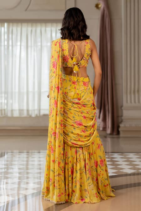 Shop_Paulmi And Harsh_Yellow Georgette Lace Round Neck Floral Print Pre-draped Saree Set _at_Aza_Fashions