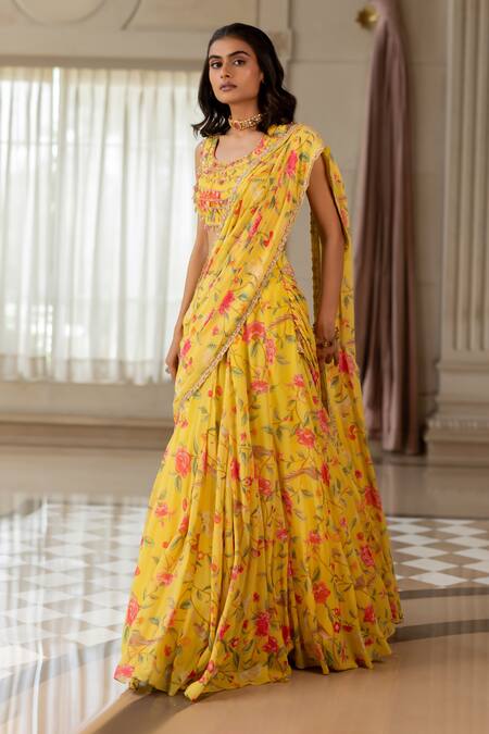 Buy_Paulmi And Harsh_Yellow Georgette Lace Round Neck Floral Print Pre-draped Saree Set _Online_at_Aza_Fashions
