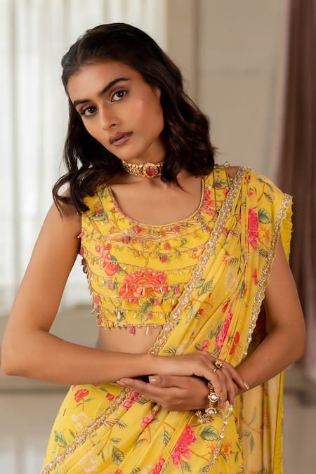 Shop_Paulmi And Harsh_Yellow Georgette Lace Round Neck Floral Print Pre-draped Saree Set _Online_at_Aza_Fashions