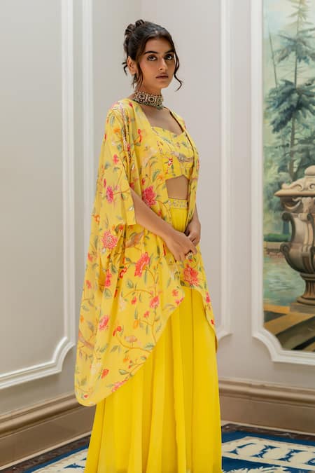 Paulmi And Harsh_Yellow Georgette Embroidery Round Neck, Floral Printed Blouse And Palazzo Set _Online_at_Aza_Fashions