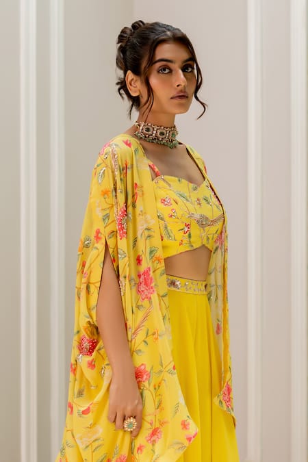 Buy_Paulmi And Harsh_Yellow Georgette Embroidery Round Neck, Floral Printed Blouse And Palazzo Set _Online_at_Aza_Fashions
