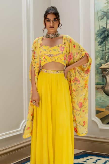 Shop_Paulmi And Harsh_Yellow Georgette Embroidery Round Neck, Floral Printed Blouse And Palazzo Set _Online_at_Aza_Fashions