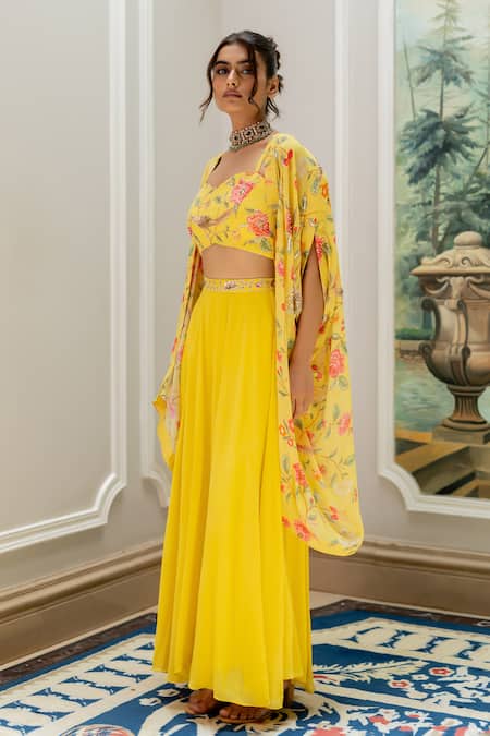 Paulmi And Harsh_Yellow Georgette Embroidery Round Neck, Floral Printed Blouse And Palazzo Set _at_Aza_Fashions