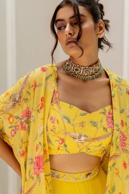 Buy_Paulmi And Harsh_Yellow Georgette Embroidery Round Neck, Floral Printed Blouse And Palazzo Set 