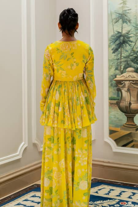 Paulmi And Harsh Floral Yellow Peplum Tunic & Palazzo Set 