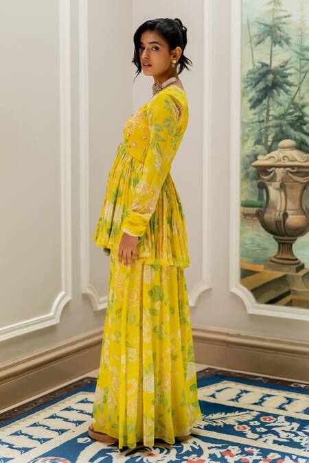 Paulmi And Harsh Yellow Georgette Sequins, Embroidery V-neck Floral Peplum Tunic And Palazzo Set Online at Aza Fashions Paulmi And Harsh_Yellow Georgette Sequins, Embroidery V-neck Floral Peplum Tunic And Palazzo Set _Online_at_Aza_Fashions