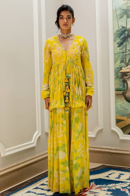 Paulmi And Harsh Yellow Georgette Sequins, Embroidery V-neck Floral Peplum Tunic And Palazzo Set