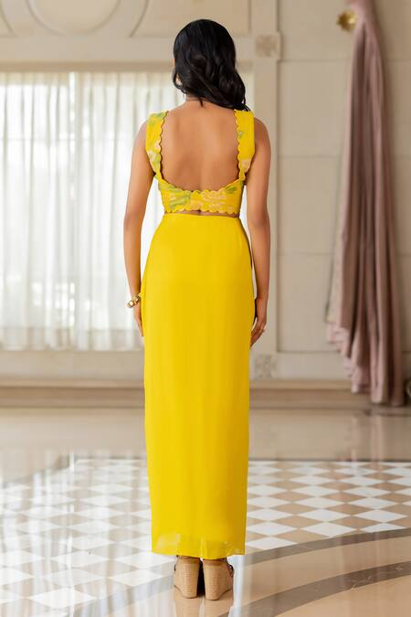 Paulmi And Harsh_Yellow Georgette Embroidery Scoop , Round Floral Jacket Set _Online_at_Aza_Fashions