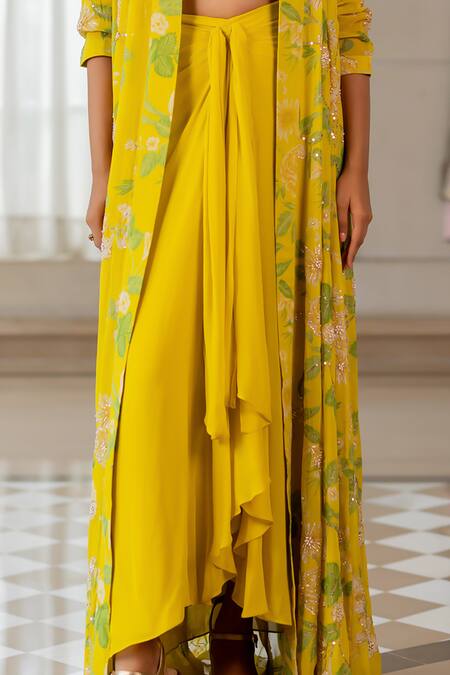 Buy_Paulmi And Harsh_Yellow Georgette Embroidery Scoop , Round Floral Jacket Set _Online_at_Aza_Fashions