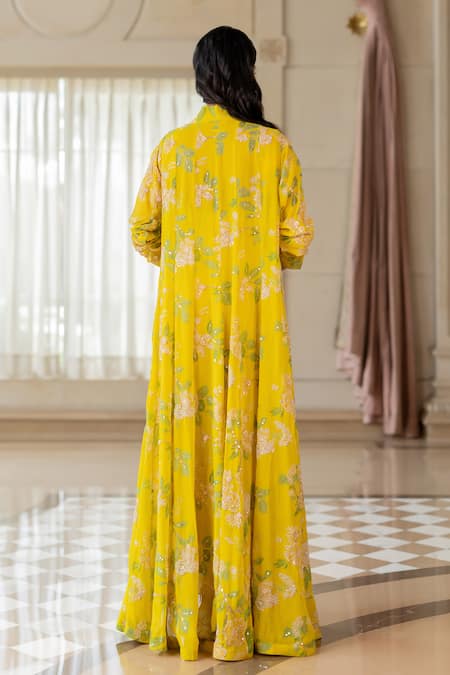 Paulmi And Harsh Yellow Floral Embroidered Jacket Set 