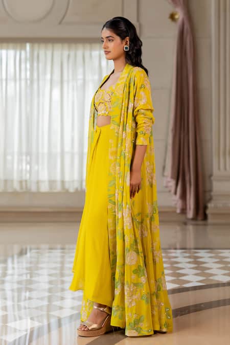 Shop_Paulmi And Harsh_Yellow Georgette Embroidery Scoop , Round Floral Jacket Set _Online_at_Aza_Fashions