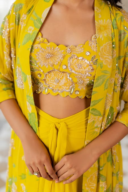Paulmi And Harsh_Yellow Georgette Embroidery Scoop , Round Floral Jacket Set _at_Aza_Fashions
