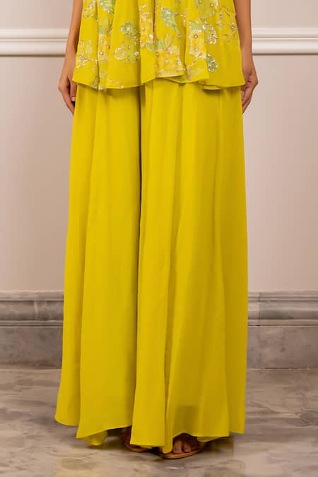 Paulmi And Harsh_Yellow Georgette, Shantoon Embroidery Halter Neck Tunic And Palazzo Set _Online_at_Aza_Fashions