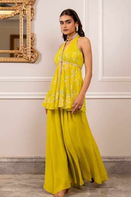 Buy_Paulmi And Harsh_Yellow Georgette, Shantoon Embroidery Halter Neck Tunic And Palazzo Set _Online_at_Aza_Fashions
