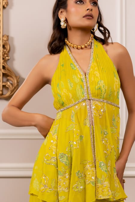 Shop_Paulmi And Harsh_Yellow Georgette, Shantoon Embroidery Halter Neck Tunic And Palazzo Set _Online_at_Aza_Fashions