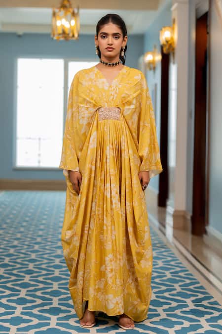 Buy_Paulmi And Harsh_Yellow Beads V-neck Gokul Chinia Printed Kaftan _Online_at_Aza_Fashions