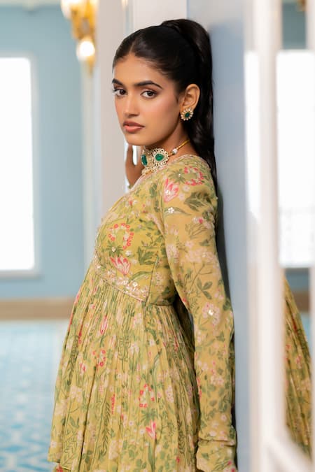 Paulmi And Harsh_Green Georgette Embroidery V-neck Multi Floral Peplum Tunic And Sharara Set _Online_at_Aza_Fashions