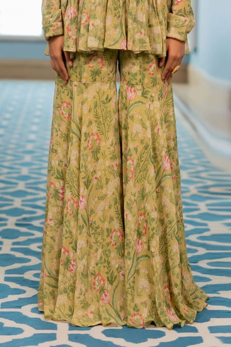 Buy_Paulmi And Harsh_Green Georgette Embroidery V-neck Multi Floral Peplum Tunic And Sharara Set _Online_at_Aza_Fashions