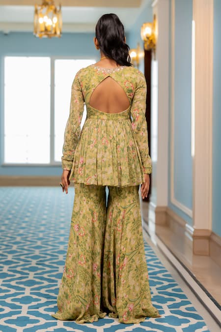 Paulmi And Harsh Multi Floral Peplum Tunic & Sharara Set 