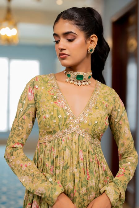 Shop_Paulmi And Harsh_Green Georgette Embroidery V-neck Multi Floral Peplum Tunic And Sharara Set _Online_at_Aza_Fashions